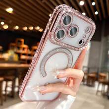 Electroplated Glitter Rhinestone Magnetic Wireless Charging Phone Case, Compatible With IPhone 17 Pro Max 17 Pro Air 17, 11-17 Series Soft Shell - Pink - View 3