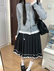 Cardigan Rajut Renda Lembut Gaya Korea yang Imut dengan Leher Bulat - Grey - View 10