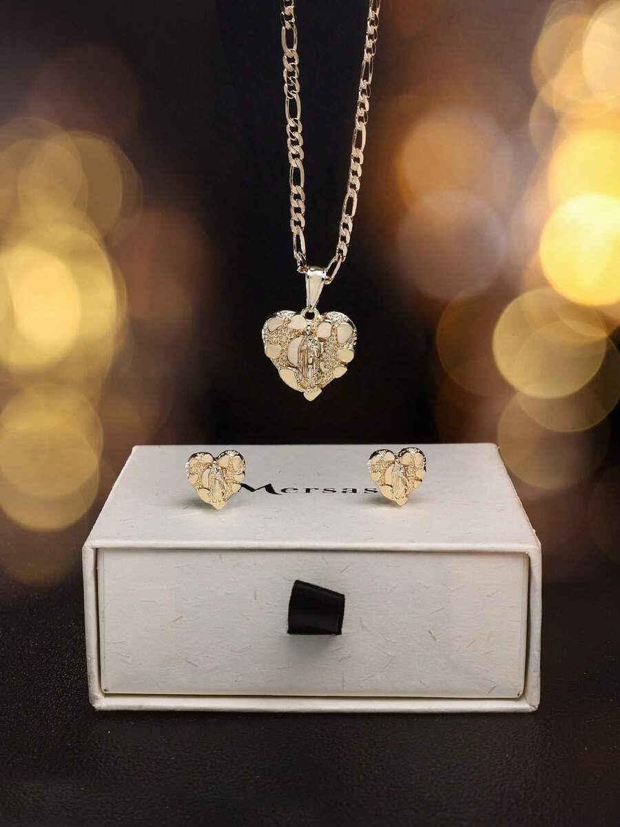 2Pcs Romantic Catholic Faith Heart Jewelry Set, Textured Hammered Guadalupe Pendant Necklace & Matching Heart Stud Earrings For Women - Religious  Heart Set - View 1