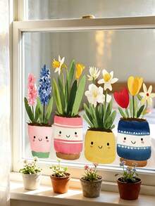 1pc Small Potted Plant Static Cling Window Sticker, Waterproof PVC Static Adhesion Glass, Green Plants & Flowers And Pots Double-Sided Print, Suitable For Coffee Shop Windows, Balcony Glass, Study Room Window Decoration, Bay Window Glass Beautification, Home Decor, Home Accessories, Back To School, Halloween, Christmas Gift Best Choice - Multiple Styles - View 3