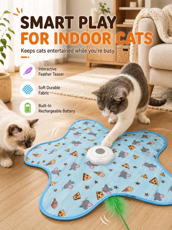 Juguete automático para gatos de interior, juguete interactivo con sensor táctil inteligente y movimiento de pluma aleteante, 3 modos de juego de velocidad, alfombra de actividad recargable para gatos, juguete teaser con forma de estrella para gatitos y gatos adultos