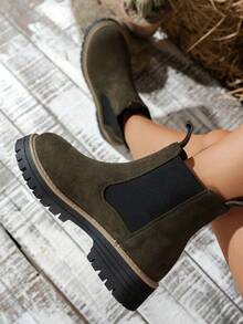 Autumn/Winter New Green Suede Thick Sole Chelsea Ankle Boots, Slouchy Slip-On Design Height-Increasing Platform Boots, Wear-Resistant Non-Slip Rubber Outsole Street Style Versatile Cylinder Boots - Green - View 7