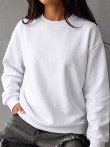 Sweatshirt Wanita Model Longgar Minimalis Warna Polos Kasual Serbaguna untuk Musim Gugur/Dingin Terbaru - Putih - View 4