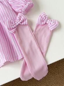 Baby Girl Pink & White Striped Dress, Square Neck Ruffle Flutter Puff Long Sleeve, Large Bow Design On Chest, Loose Pleated Cake Skirt, Matching Bow Knee-High Socks, Sweet Fresh Princess Style, Spring/Autumn New, Suitable For Daily Wear, Birthday Photo Outfits, Popular In Europe, America, Middle East, Ins Style Gentle Chic Baby Clothes - Pink - View 4