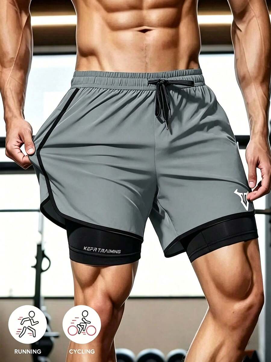 1pc Solid Color Bull Head Print Sports Shorts, Abrasion-Resistant Lightweight, Double Layer Unisex Running Outdoor Fitness Spring Summer Shorts - Light Grey - View 1