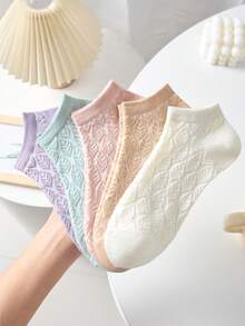 5 Pairs Women's Vintage Leaf Pattern Embossed Fashion Short Invisible Socks, Ankle Socks, Boat Socks, Breathable Soft Minimalist Socks, White Socks, Suitable For Daily Casual Wear, All Season Spring/Summer - Multicolor - View 3