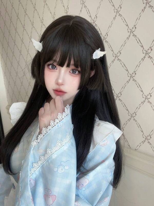 alicegarden 24-Inch Long Synthetic Wig Featuring A Natural Straight Style A Stunning Black. Designed With Bangs , This False Hairpiece Is Perfect For Ms Daily Party Cosplay Use, Offering A Natural And Natural Durable Wig Gift For Ladies. (No Accessories)