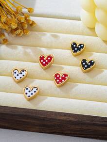 3 Pairs/1 Pair Fashion Black, White, Red Polka Dot Pattern Zinc Alloy And Acrylic Heart-Shaped Stud Earrings For Women, Suitable For Daily Wear - Multicolor - View 3