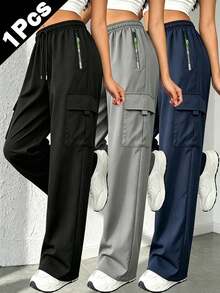 [Fashion Multi-Pocket] 女款工裝褲－寬鬆休閒款，附拉鍊口袋，多功能運動工裝褲 - 黑色 - 查看 1