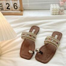 Fashion Thick-Sole Square Toe Woven Slide Sandals For Women, French Style Vacation Chic Platform Wedge Slippers - Brown - View 5