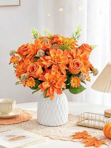 1/3pcs Artificial Dahlia & Rose Bouquet, Suitable For Bedroom, Kitchen Decoration, DIY Flower Bed, Autumn Decor, Indoor & Outdoor Decoration, Dining Table Decor, Wedding Decoration, Artificial Plants, Teacher Gift, Women's Gift - Orange - View 1