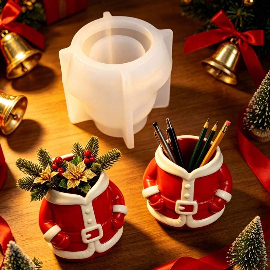 SUPWANPENG Santa Claus Clothes, Christmas Dress Pocket, Top Half Body Flower Pot Silicone Mold, Christmas Red Clothes Green Plant Cement Flower Pot DIY Resin Storage Mold, Easy Demolding And Reusable, Suitable For DIY Resin, Plaster, Clay, Concrete, Cement Crafts Silicone Mold, Easy Demolding, Suitable For Various Holiday Gifts And Home Decor. - A - View 1