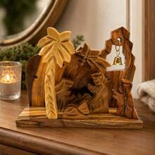 Miniature Nativity Set, Olive Wood Figures With Working Brass Bell From Bethlehem, 3.9 Inch, Hand Carved Palm Tree Holy Family Tabletop Religious Christmas Keepsake - Brown - View 3