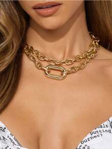 1pc Exaggerated Metal Style O-Shaped Chain Layered Necklace, Women's Hip Hop Punk Neck Jewelry, Suitable For Street Party, Music Festival, Date, Outing, Vacation, Daily Wear, Versatile Choker - Gold - View 2
