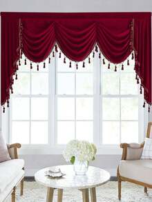 1pc Luxury Tassel Fringed European Style Wave Curtain, Decorative Drape For Bedroom Or Living Room - Burgundy - View 10