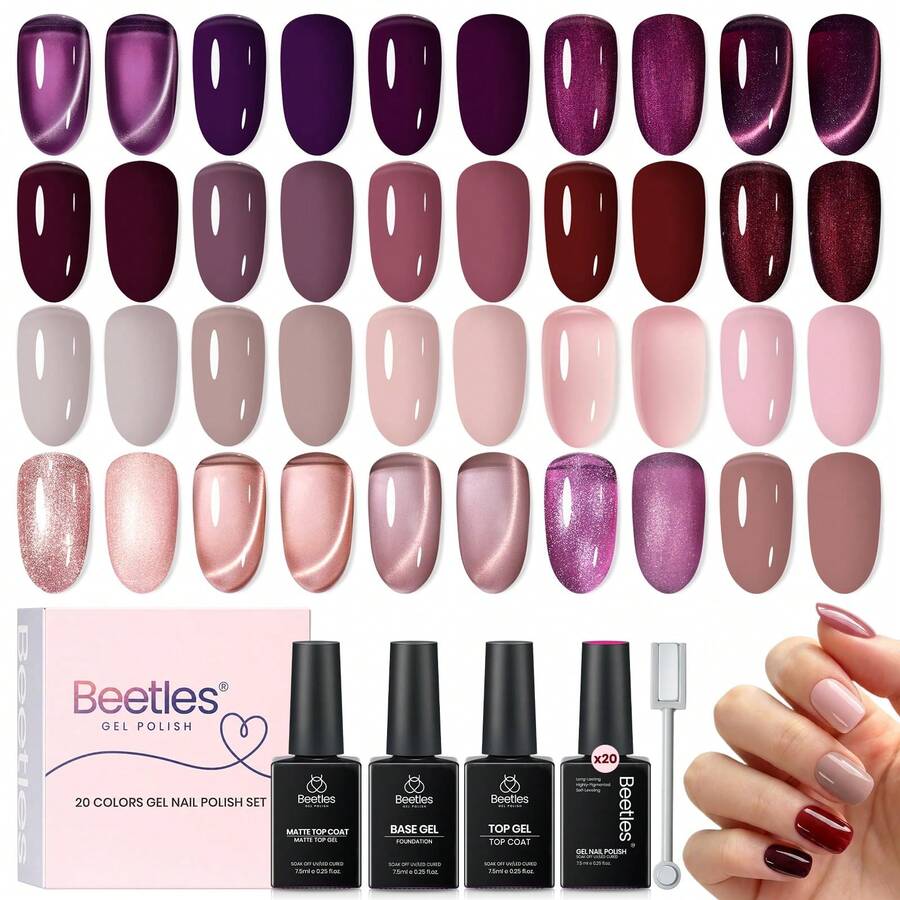 Beetles 23PCS 20 Colors 7.5ML Purple Gel Nail Polish Set, Base Coat, Glossy & Matte Top Coat, Purple, Mauve, Burgundy, Red, Pink, Nude, Glitter & Cat Eye UV LED Soak Off Gel Polish - 23 pcs 20 Colors Pink Nude Glitter Cat Eye - 查看 1
