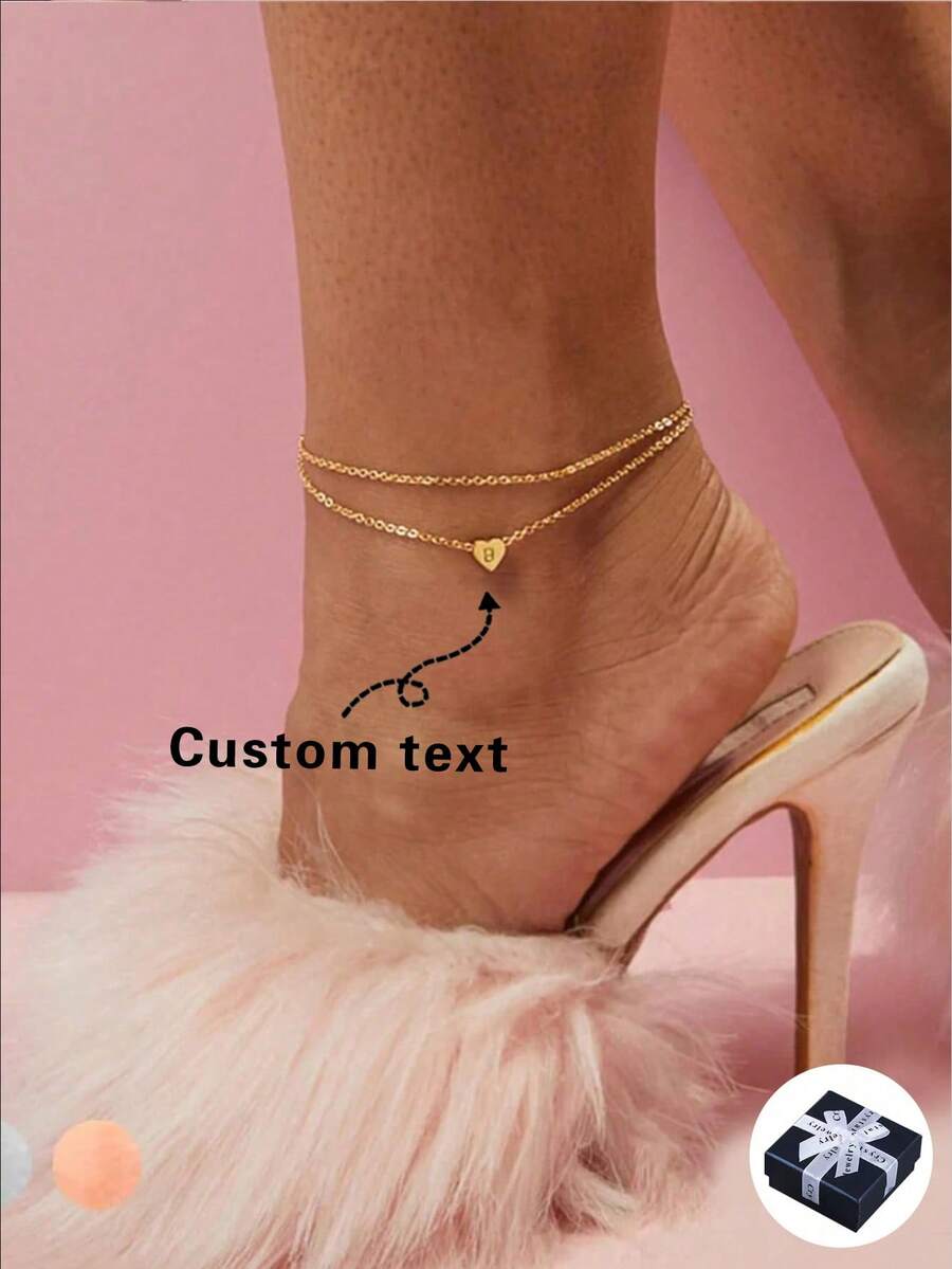 Customizable Letter Anklet, Double-Layer Fine Chain Design With Heart-Shaped Letter, Engraving Available, Daily Essential, 18K Gold-Plated Anti-Fade Anti-Allergy Anklet, Minimalist INS Style Versatile Accessory, Thoughtful Gift For Girlfriend, Couple, Memorable Occasions - Gold - View 1