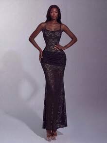 Elegant Spaghetti Strap Lace Dress, Ruched Waist Design, Perfect For Parties, Evening Events, Photoshoots And More - Black - View 5
