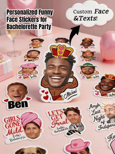 Custom Groom Face Photo Stickers, Bridesmaid Bachelorette Party/Single Women/Birthday Party Favors, Funny Personalized Face Cutout Cartoon Body Waterproof Stickers, Suitable For Candy Boxes, Groom & Bride Gifts, Engagement Party, Photo Booth Props