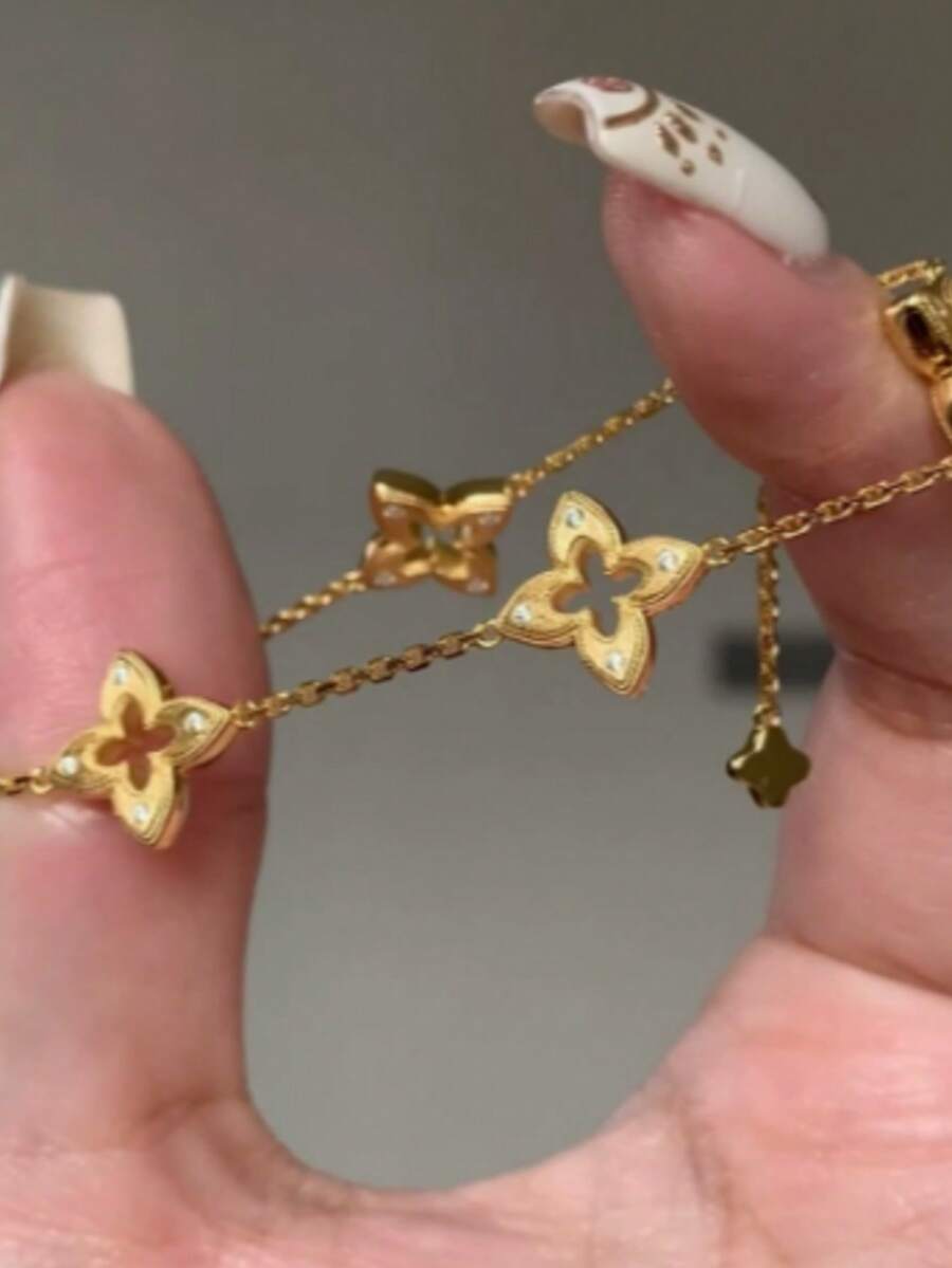 閃亮櫻花拉繩手鍊 小花系列 附裝飾品 Ins 風小眾系列多功能高端飾品 適合優雅穿搭 - 金色 - 查看 1