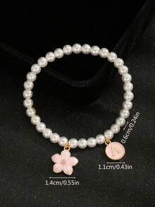 1pc Sweet Pink Flower & Initial Letters Charm Pearl Bracelet For Teengirls Summer Beach Street Party Outdoors Daily Wear For Anniversary & Birthday Gi - Pink - View 3