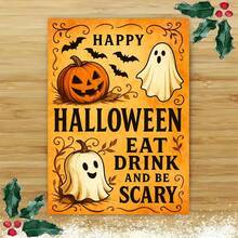 1 Grußkarte + 1 Umschlag Gruselige Halloween Grußkarte, Kürbis und Geist Design "Essen, Trinken und Gruselig sein", perfekt für Freunde, Halloween Festlicher Vintage Stil. - Übersicht 8