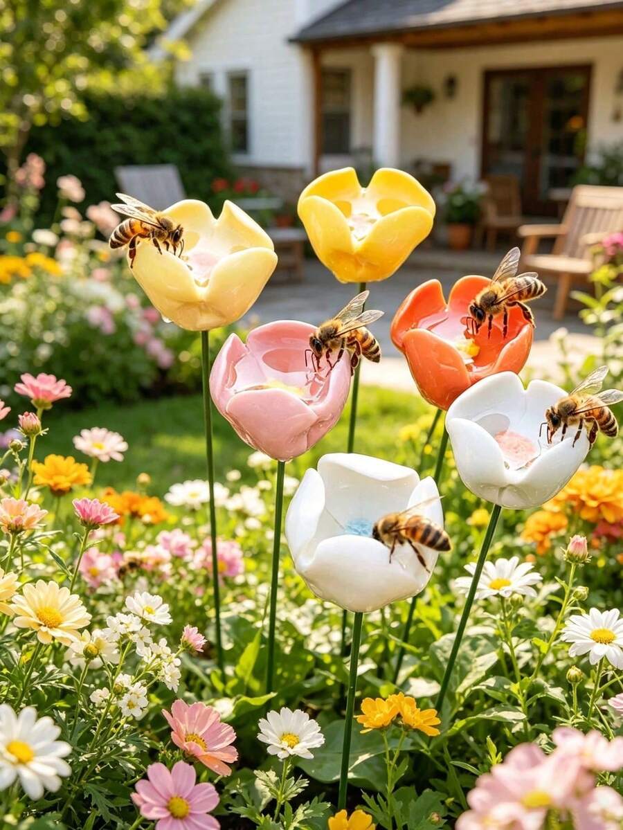 1/2/3/4pcs Ceramic Bee & Hummingbird Feeder, Outdoor Pollinator Waterer, Suitable For Bees, Butterflies, Ladybugs & Pollinating Insects, Metal Garden Decor, Suitable For Lawn, Flower Bed, Balcony, Flower Pot, Office Desk, Birthday, Wedding & Holiday Home Gift - Multicolor - View 1