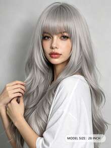 28 Inch Long Fashionable Party Women's Wig, Curly Wig With Bangs, Suitable For All Women's Daily Wear And Party Occasions - Grey - View 5