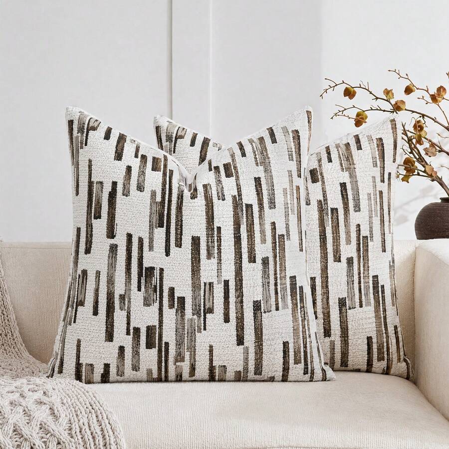 1pc/2pcs (No Insert) Premium Jacquard Woven Pillow Cover 18X18inch, Earth Tone Modern Minimalist Geometric Striped Sofa Cushion Cover, All Season Living Room Car Office Lumbar Back Cushion Cover, Neutral Color, Coffee Brown