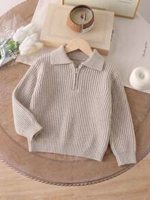 Sweater Rajut Anak Laki-laki Kerah Polo Setengah Ritsleting dengan Tekstur Rib Tebal, Kardigan Hangat untuk Fashion Musim Gugur - Aprikot - View 1