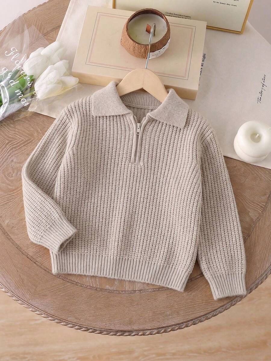Sweater Rajut Anak Laki-laki Kerah Polo Setengah Ritsleting dengan Tekstur Rib Tebal, Kardigan Hangat untuk Fashion Musim Gugur - Aprikot - View 1