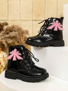 Botas de Trabalho Minimalistas Brilhantes para Meninas Outono/Inverno com Patch de Estrela, Sola Grossa Durável, Botas Curtas Casuais de Tornozelo para Escola - Rosa chiclete - Visão 4