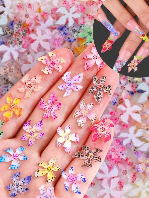 20/50PCS 3D Lily Flower Nail Charms Mixed Colorful Hawaii Flower Rhinestone For Nail Art Soft Resin Hibiscus Floral Manicure Parts