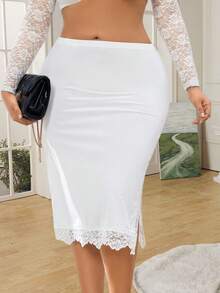Plus-Size Women's Slimming Midi Skirt: High-Waisted, Lace-Trimmed, Side Slit, Mid-Length, Figure-Hugging, Bodycon, With A Slip To Prevent Exposure - White - View 5