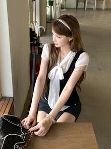 甜美風白色薄款綁帶短袖襯衫搭配無袖背心 2件套 夏季黑色優雅 - 黑色 - 查看 2