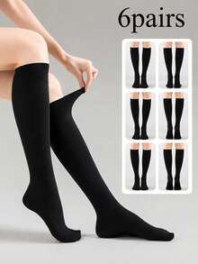 1/2/3/6 Pairs Women's Ribbed Knit Mid-Calf Socks, JK Style Striped Sports Socks, Soft Elastic Over-The-Knee Socks, Suitable For Daily Wear And Campus Outfits - Black and White - View 6