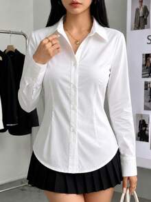 Women's White Slim Fit Long Sleeve Button-Up Shirt, Tailored Cut, Commute Office Business Casual Professional Top - White - View 1