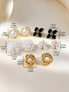 5 pares/1 par de pendientes de botón elegantes para mujer, serie de flores con perlas falsas, estilo hada, juego de pendientes a juego para uso diario casual - Dorado - Ver 3
