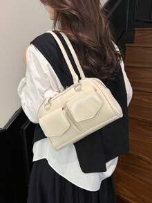 1款簡約復古拉鍊開口肩背包，口袋裝飾雙手柄手提包，適合女性日常休閒通勤使用 - 白色 - 查看 2