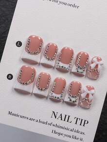 10pcs Duck Mouth Style Handmade Press-On Nail Set, Includes Nail Art Tools, Nude Base With White French Tips, Decorated With AB Rhinestones And 3D White Bows, Glossy Pointed Nails, Suitable For Sweet Dates, Office Commute And Casual Daily Outings - Multicolor - View 2