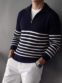 Men's Striped Half-Zip Stand Collar Knit Polo Shirt, Light Business Casual Long Sleeve Top - Black - View 5