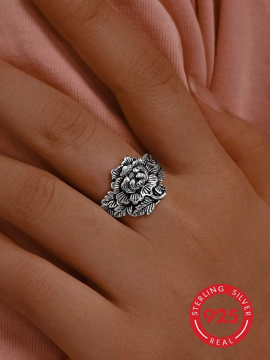 1pc 925 Sterling Silver Vintage Leaf Pattern Personalized Fashion Adjustable Ring, Suitable For Everyday Casual Wear, Gift For Family And Friends On Holidays And Birthdays - Antique Silver - View 1