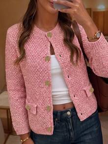 Women's Pink Knitted Long Sleeve Cropped Top With Gold Buttons, Fashionable Round Neck Sweater, Suitable For Spring And Autumn - Pink - View 4