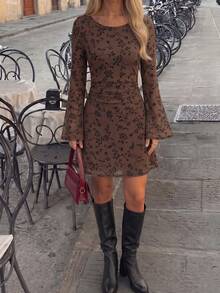 Elegant Commuter Floral Flocked Dress - Coffee Brown - View 6
