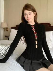 Niche Slimming Knit Sweater Top For Women, Autumn Bowknot Hollow Cross-Over Slimming Sweater - Black - View 2