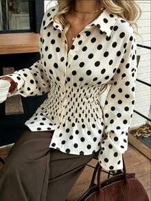 Elegant Women's Long Sleeve Polka Dot Blouse, Shirt Collar & Drop Shoulder Design, Ruched Waist, Perfect For Autumn - Apricot - View 2