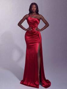 Vestido largo formal elegante, con cuello asimétrico, decoración de volantes, diseño de abertura alta, adecuado para fiestas, banquetes, bodas, bailes de graduación y otras ocasiones formales de primavera - Burdeos - Ver 5