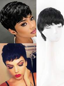 Wig Pendek Sintetis Hitam untuk Wanita, Potongan Pixie dengan Poni, Warna Hitam Alami, Lurus, Tebal, Buatan Mesin, Pendek Berlapis untuk Penggunaan Sehari-hari - MultiWarna - View 2