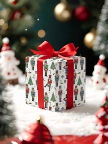 2/1 Roll Of Christmas Gift Wrapping Paper Featuring Nutcracker Soldier And Christmas Tree Patterns; Made Of Coated Paper; Dimensions: 43 Cm X 300 Cm; Suitable For Wrapping Christmas Gifts, Decorating For Christmas Parties, And Holiday Gift-Giving. - A - View 6