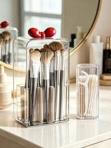 2pcs/1pc Clear Acrylic Makeup Organizer Set, Dustproof Bowknot Makeup Brush Holder & Lipstick Storage Box, Large Capacity Desktop Cosmetic Organizer For Vanity, Bathroom & Bedroom, Transparent Beauty Storage Solution - View 4
